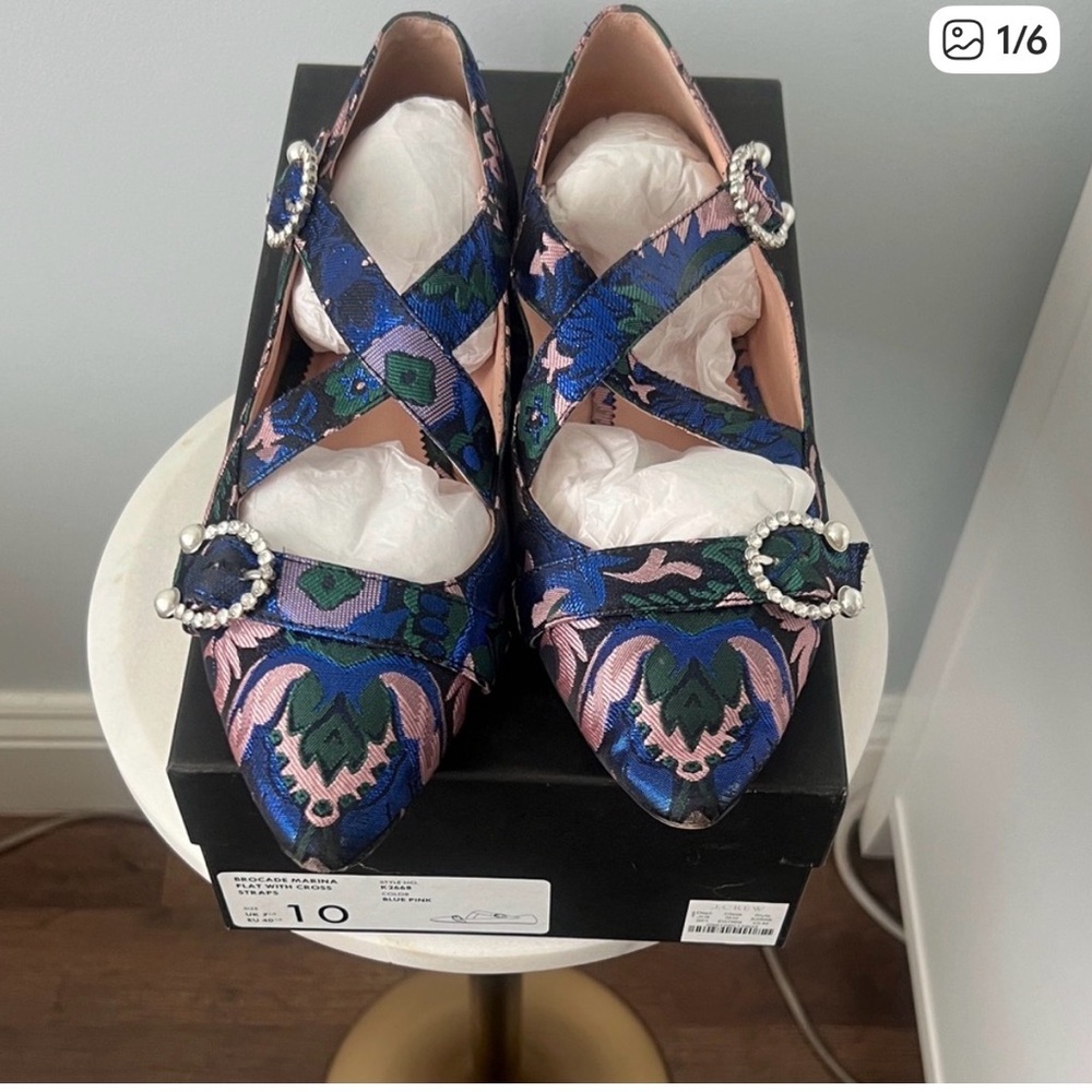 J. Crew Marina Criss Cross Strap Blue Pink Brocade Flat Shoes Size 10